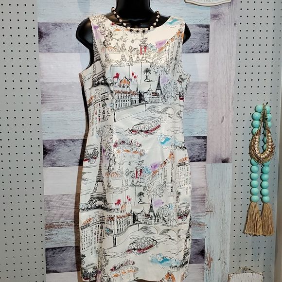 Leslie Fay Dresses & Skirts - Leslie Fay Tourist Paris Print Sheath Dress Eiffel Tower Scenic, Sz 8 Midi